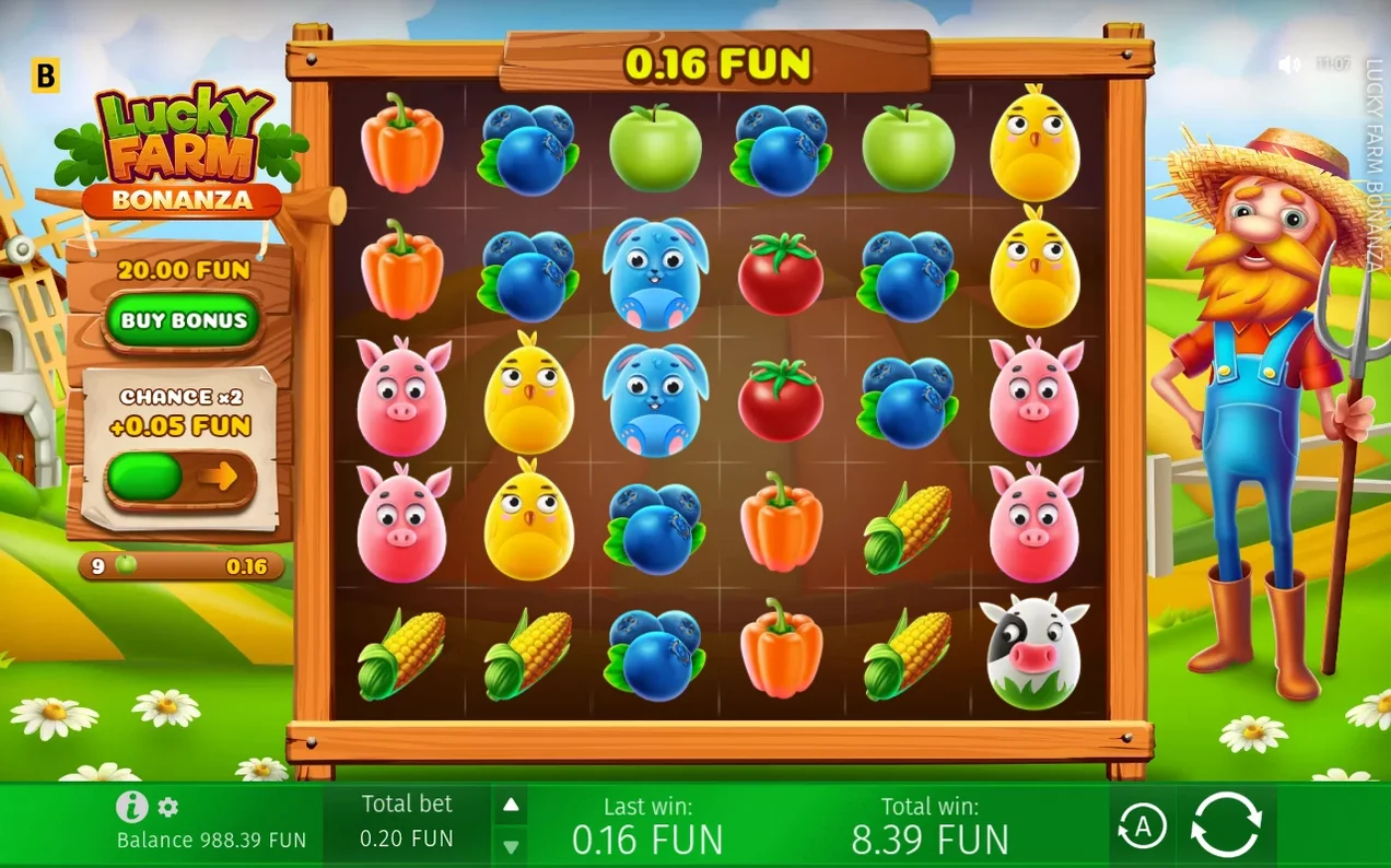 Rutnätet visar vinsten 0.16 FUN, med totalvinst 8.39 FUN och saldo 988.39 FUN i det gröna fältet.