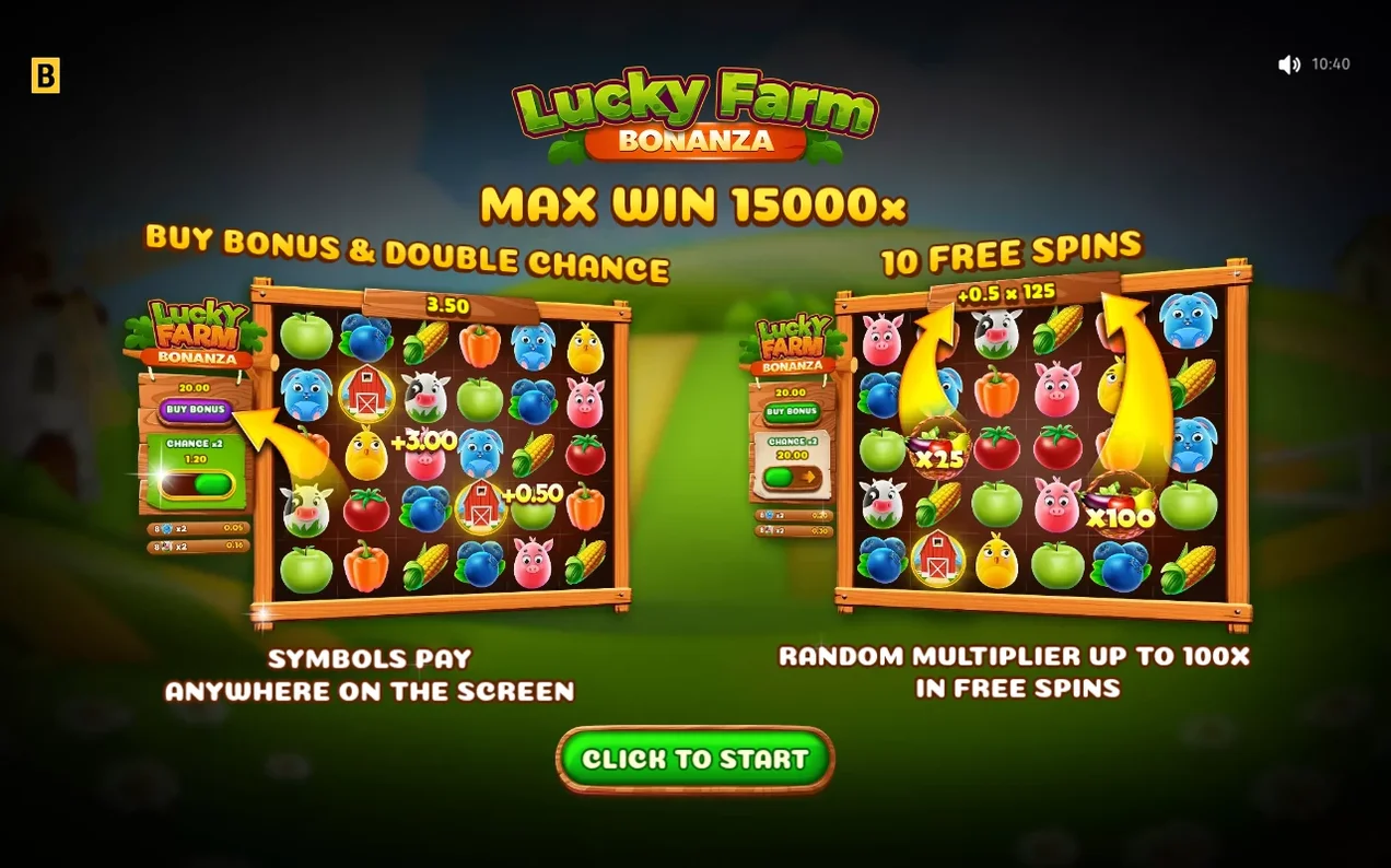 Introskärmen visar logotypen, MAX WIN 15000x, Buy Bonus-panel samt Free Spins-panel med multiplikatorer x25 och x100.