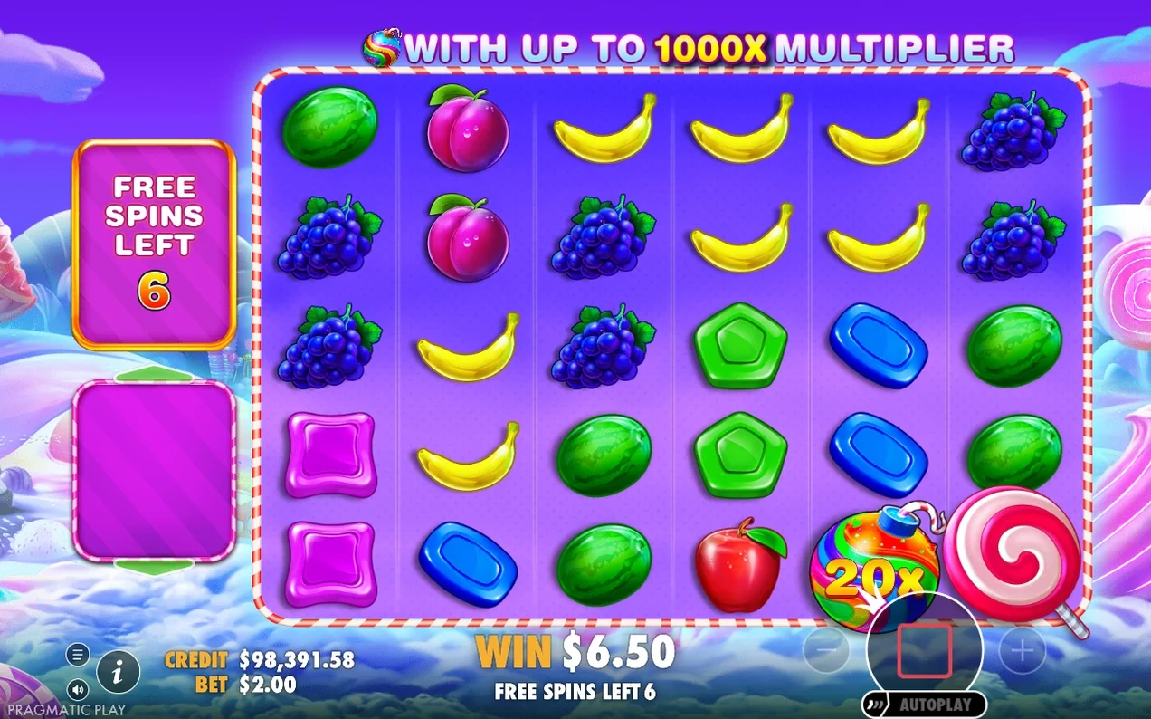 Under free spins återstår 6 spinn, en 20x-bomb syns bland frukterna och vinsten uppgår till 6,50 dollar.