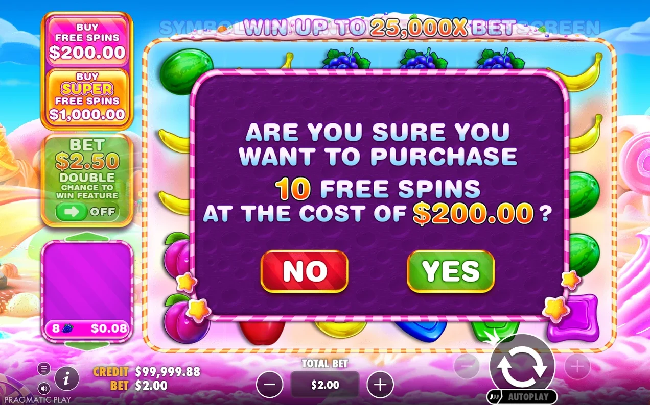 Bekräftelseruta frågar om köp av 10 free spins för 200 dollar, med gröna Ja och röda Nej-knappar.