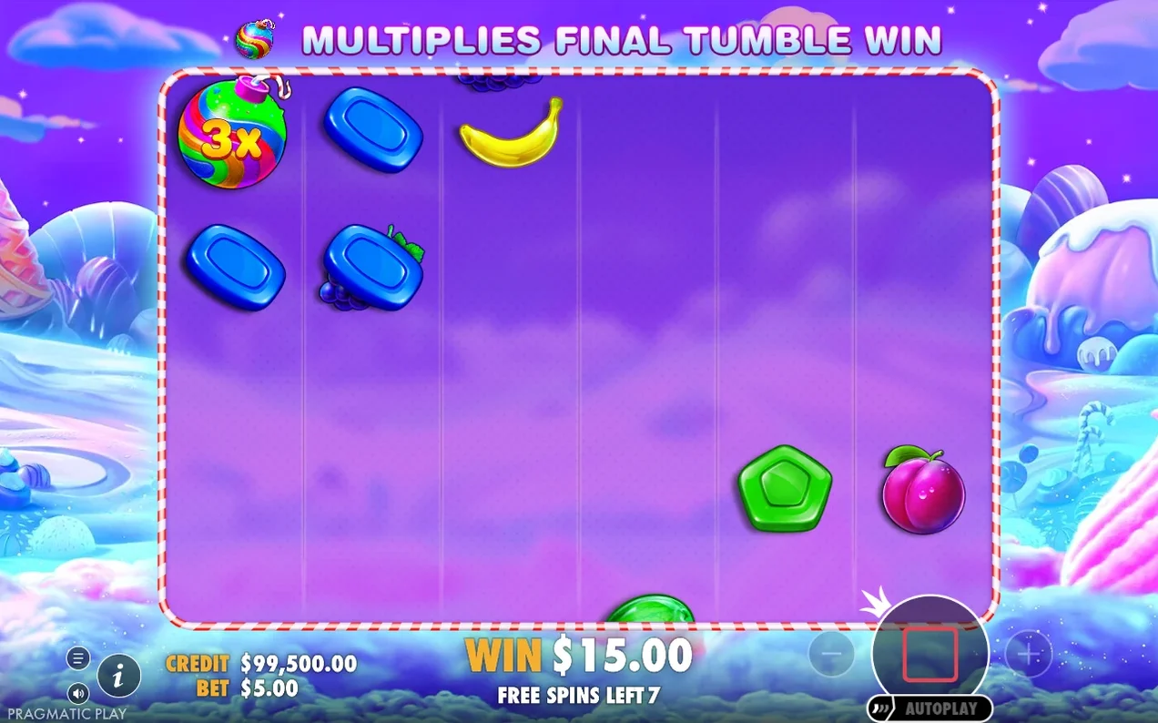 Free spins-rutan visar en multiplikatorbomb 3x bland godis, vinst $15.00, 7 free spins kvar.