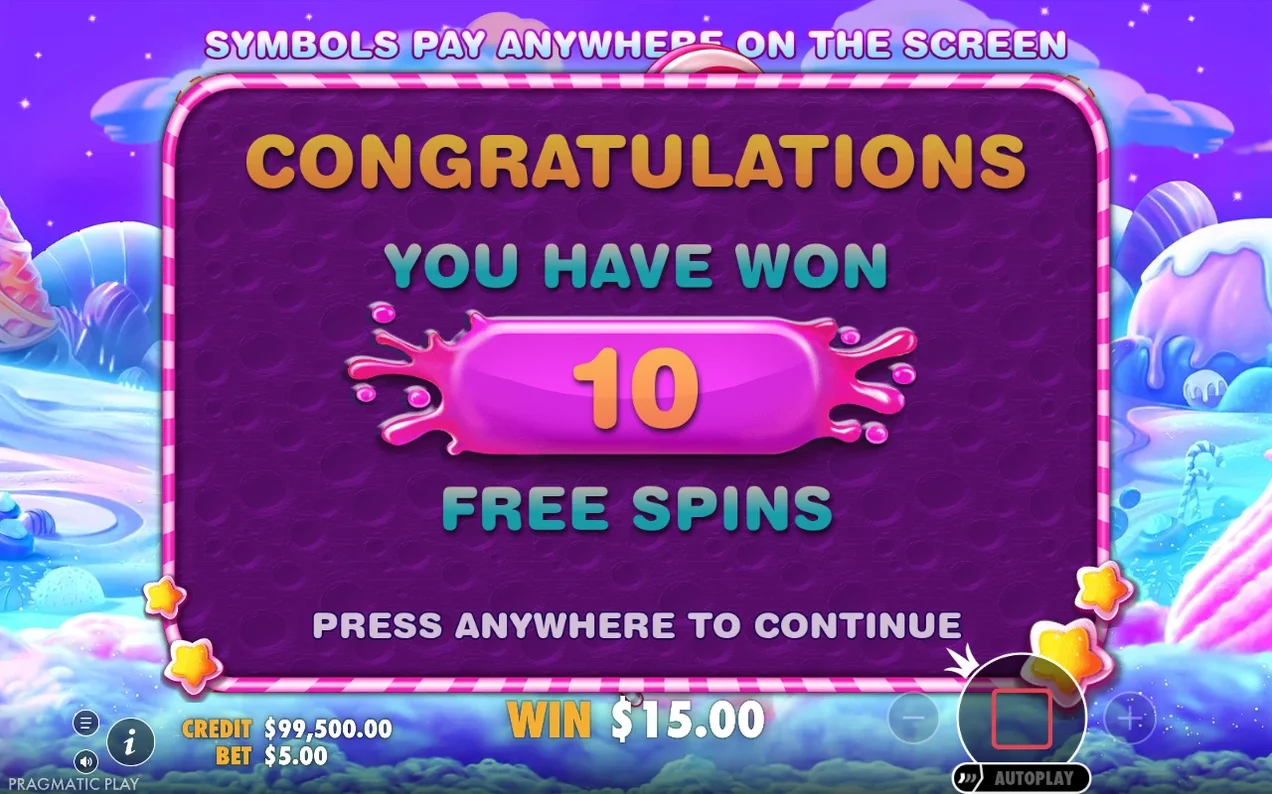 Lila popup med Congratulations, 10 Free Spins vunna, vinst $15.00 vid insats $5.00.