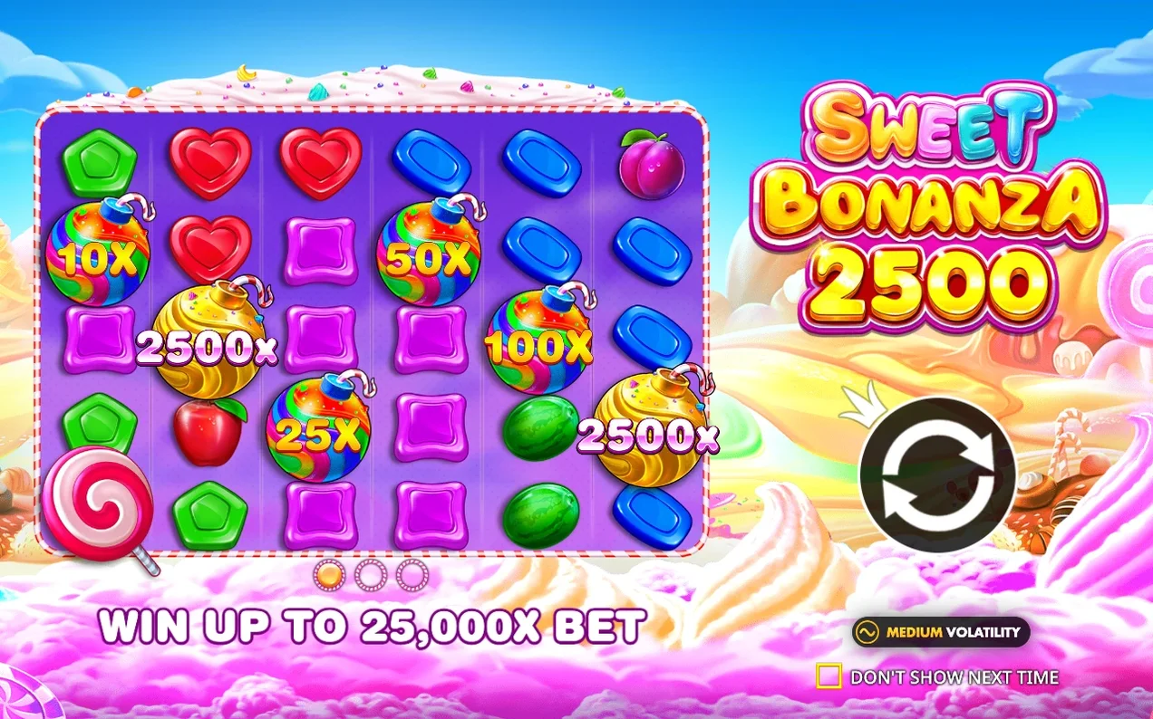 Introskärm med rutnät av godis och bomber märkta 10X, 50X, 100X, 25X och 2500X bredvid logotypen Sweet Bonanza 2500.