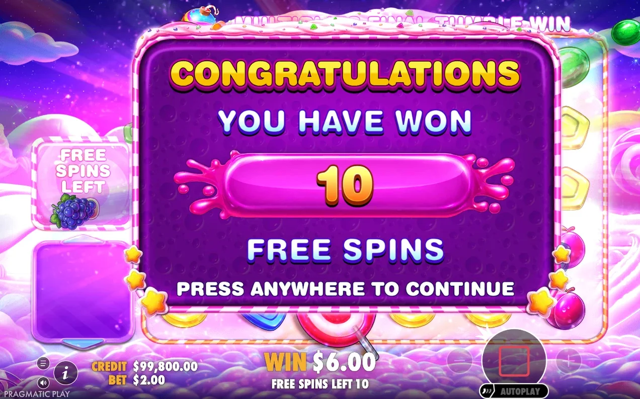 Popup meddelar 10 vunna free spins, med vinst 6,00 dollar och saldo 99 800,00 dollar.