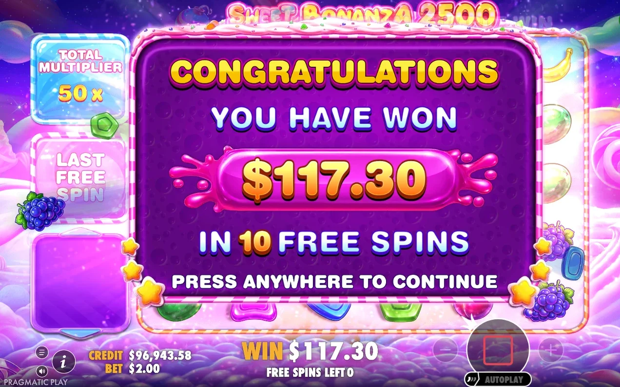 Vinstskärm visar 117,30 dollar vunnet i 10 free spins, med total multiplikator 50x.