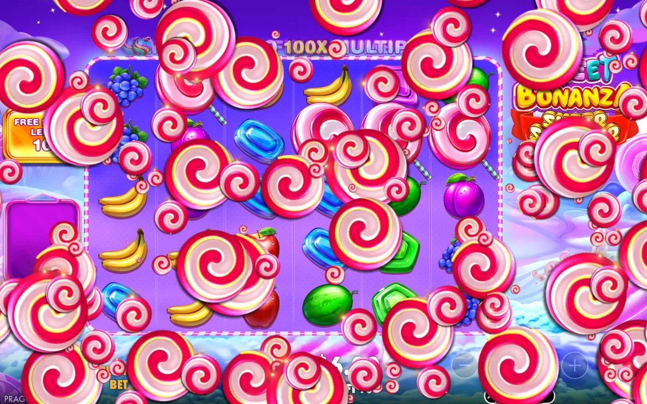 Lollipopp-symboler flödar över skärmen vid start av super free spins med 100x multiplikator.