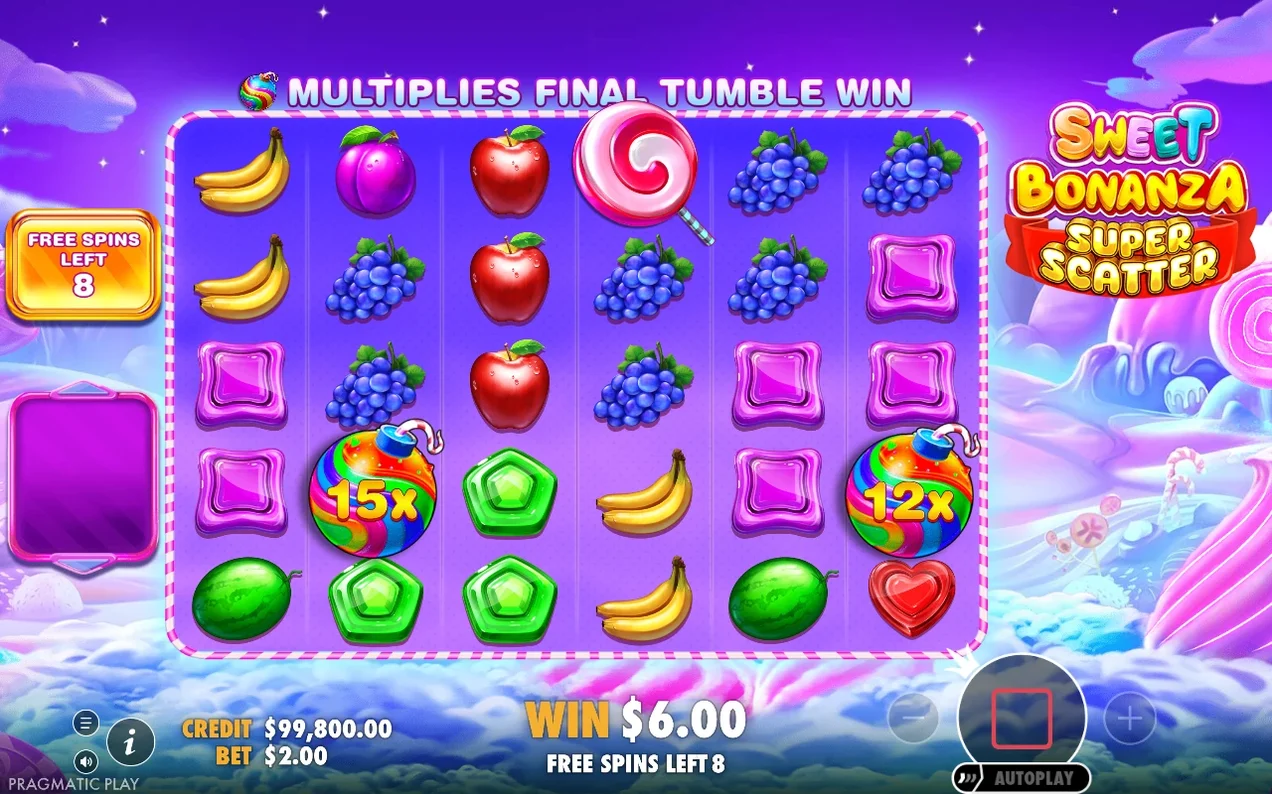 Free spins-rutnät med multiplikatorbomber 15x och 12x, 8 spins kvar och vinst $6.00.