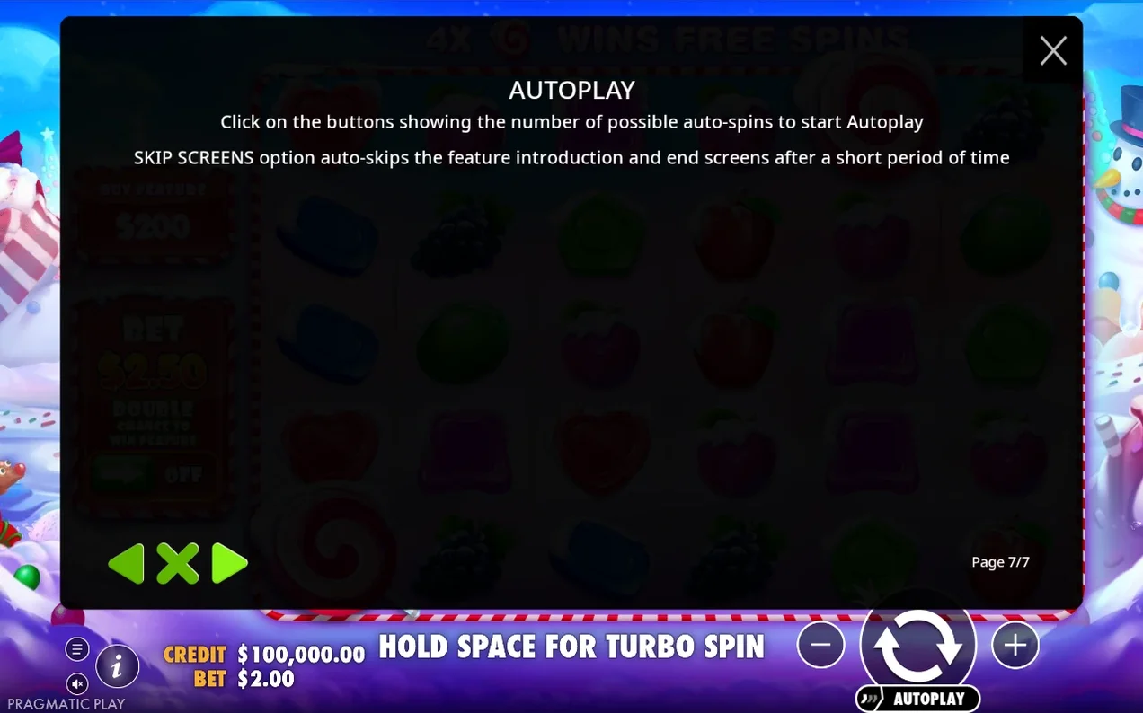 Autoplay-popup sida 7/7 förklarar antal autospinn och alternativet att hoppa över skärmar.